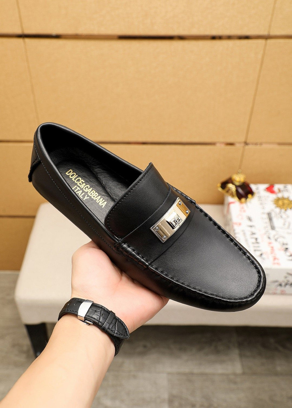 Dolce & Gabbana Black Plaque Slip-On Loafers — model