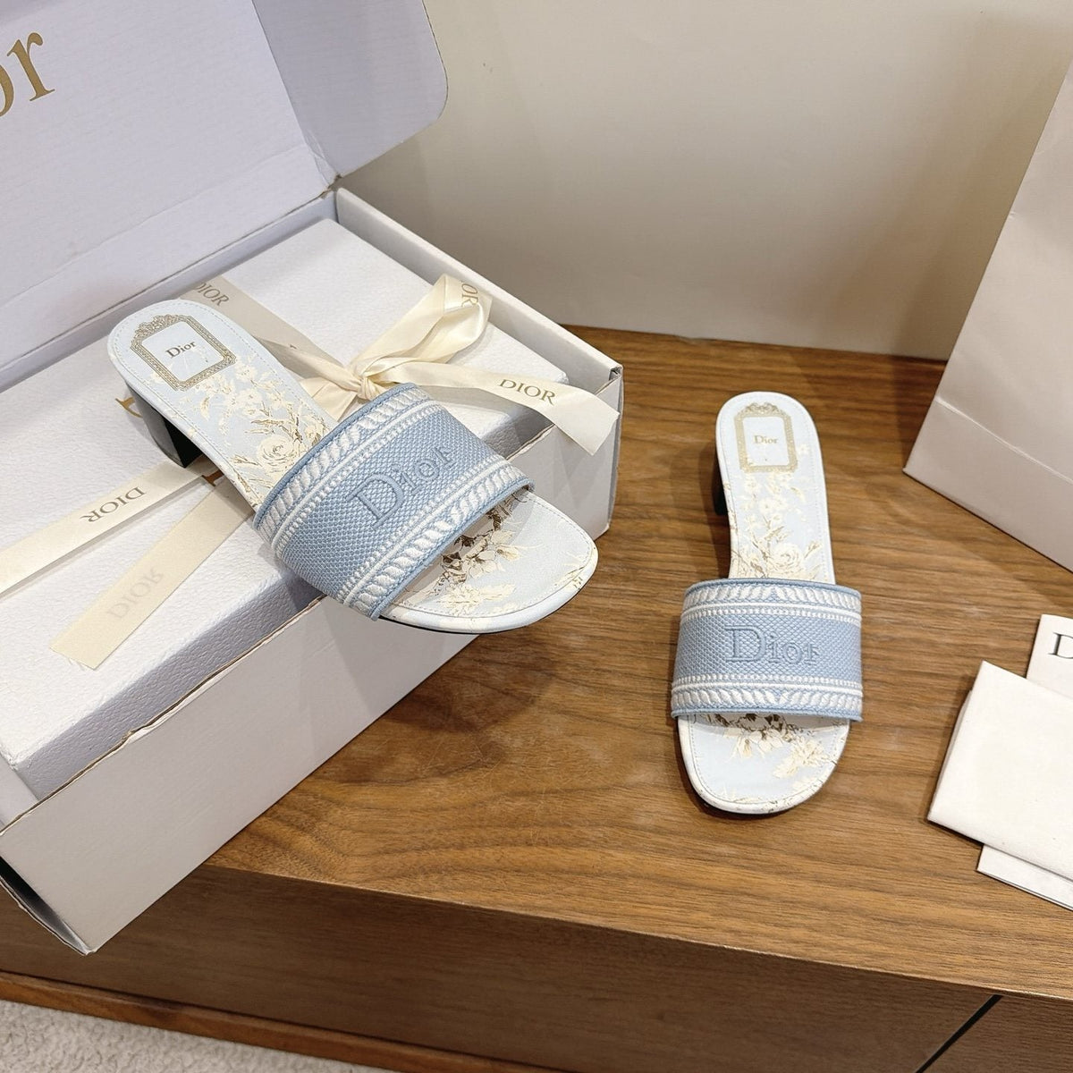 Dior Light Blue Embroidered Slide Sandals — side