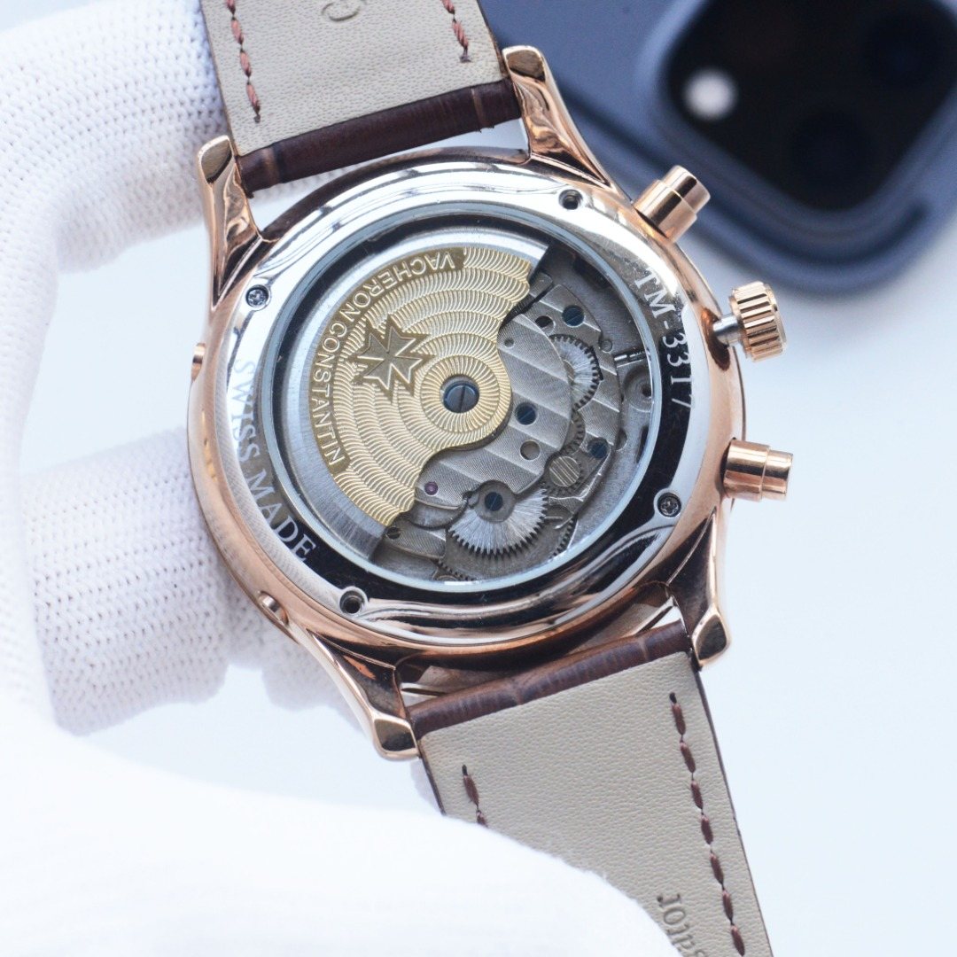 Vacheron Constantin Brown Rose Gold White Dial Strap Watch — back