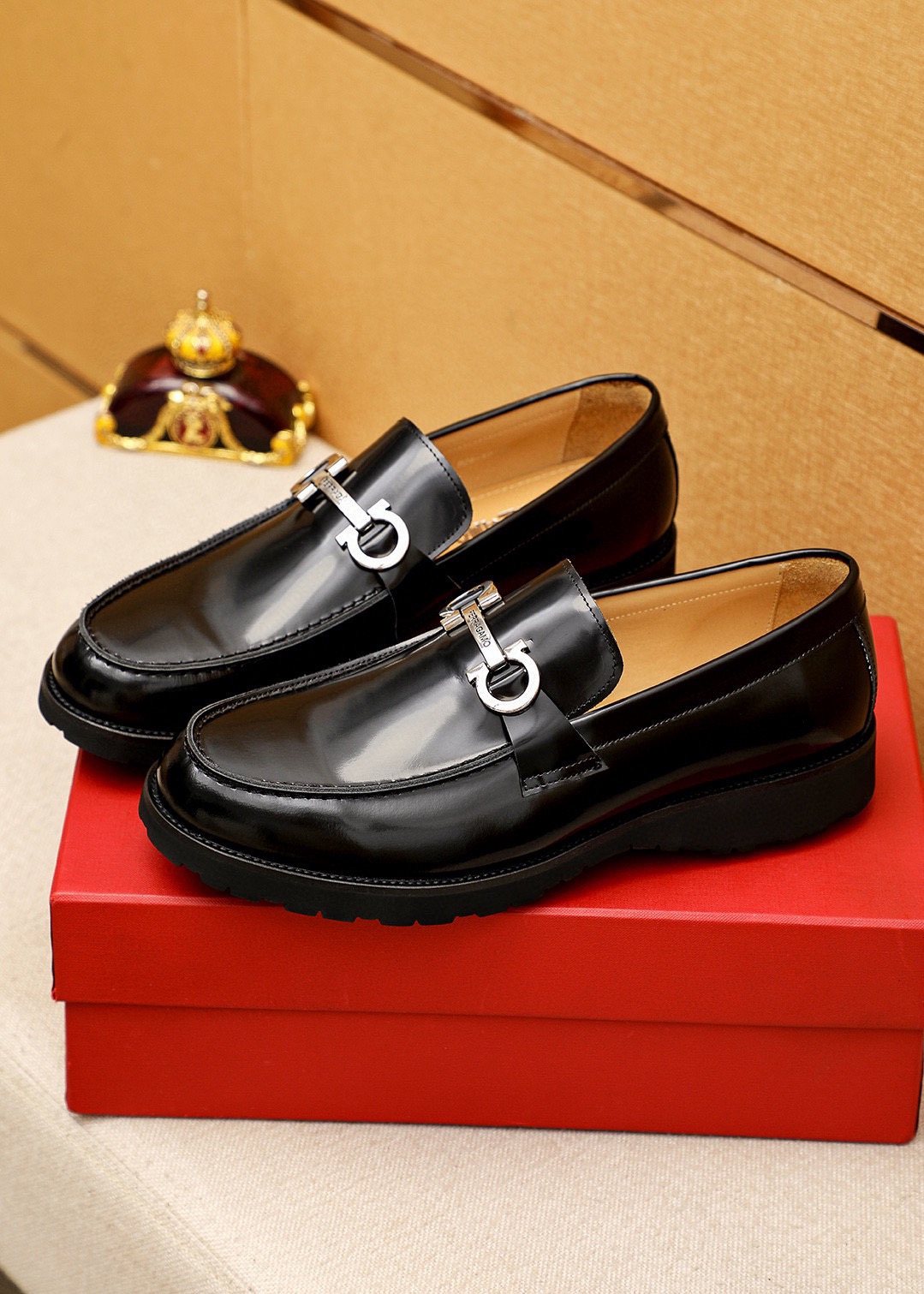 Ferragamo Black Hardware Loafers — front