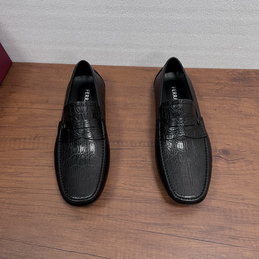 Ferragamo Black Crocodile-Embossed Driving Loafers — front