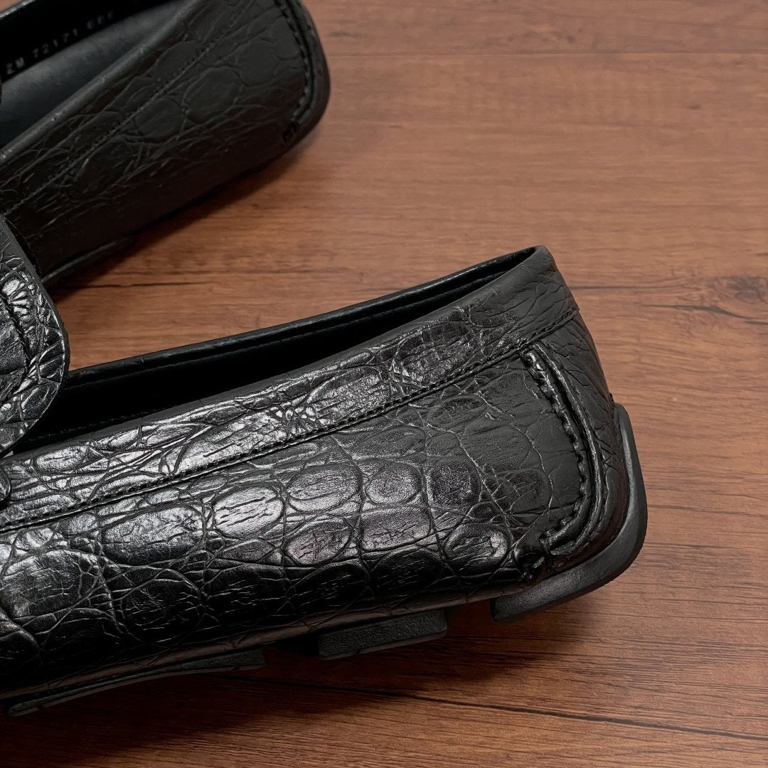 Ferragamo Black Crocodile-Embossed Driving Loafers — detail