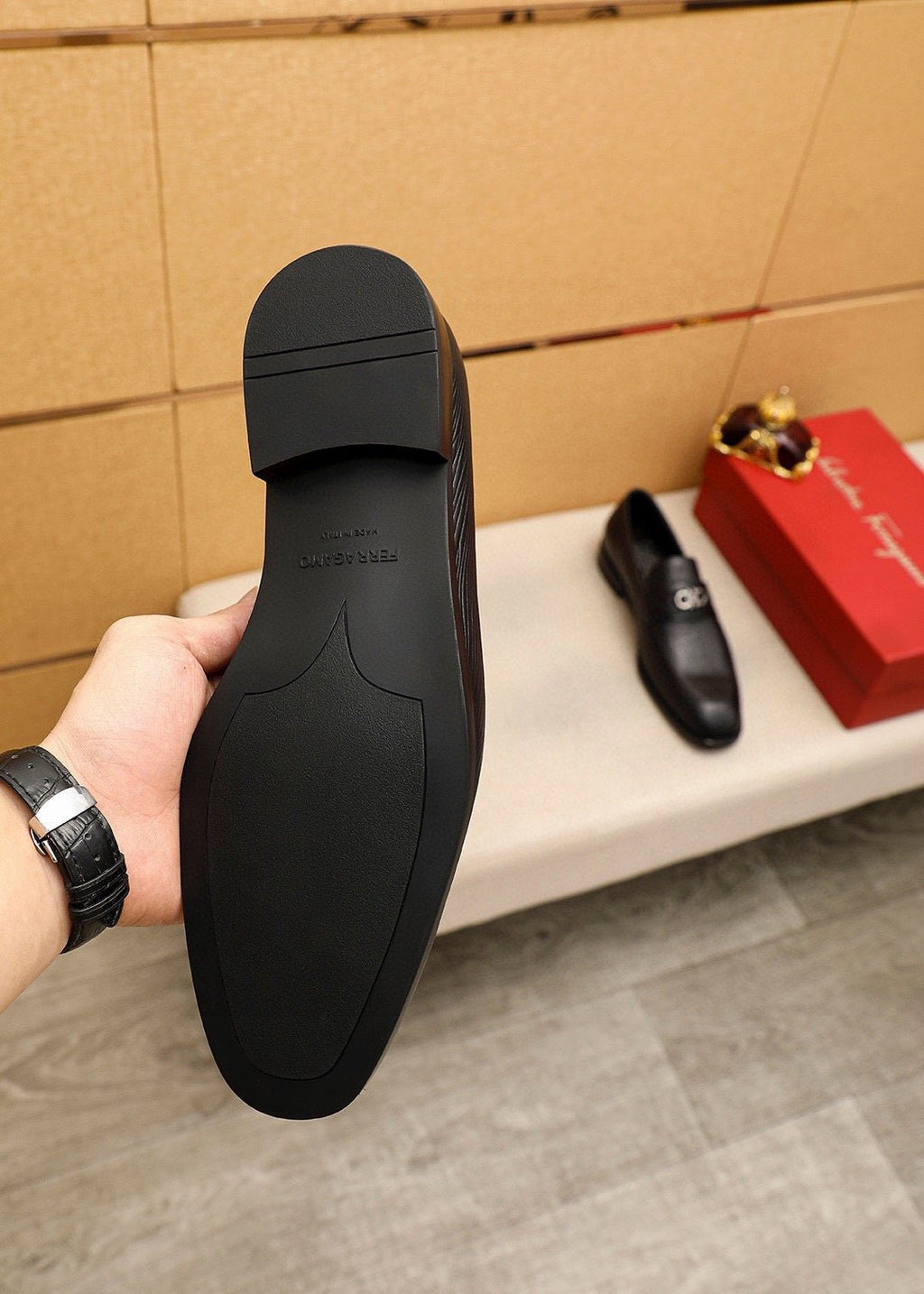 Ferragamo Black Textured Leather Loafers — side