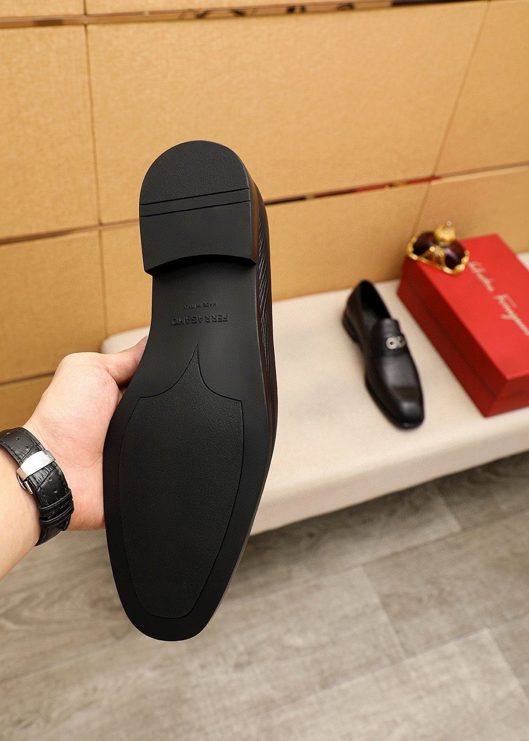 Ferragamo Black Textured Leather Loafers — side