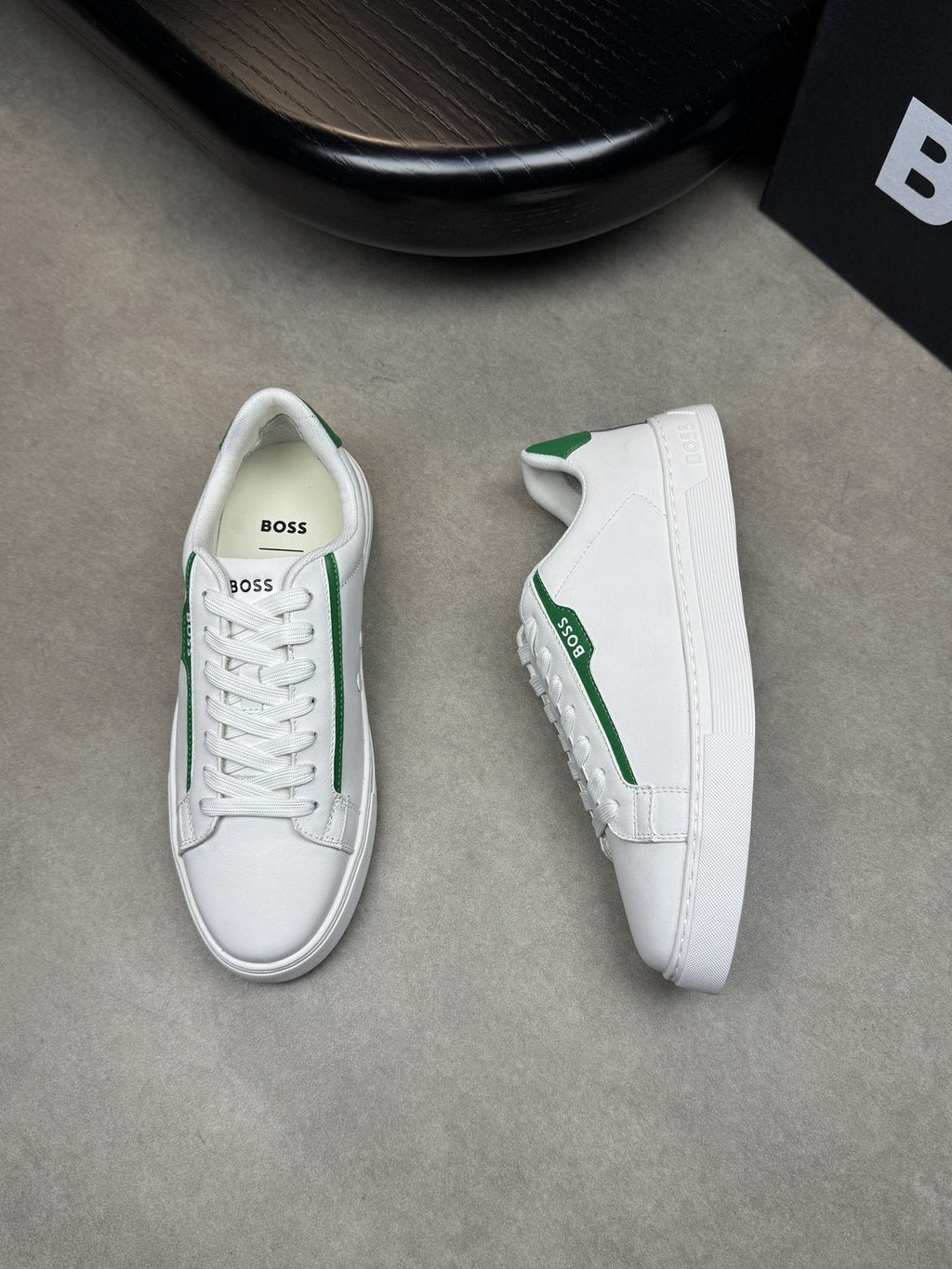 BOSS White Green Low-Top Sneakers — front