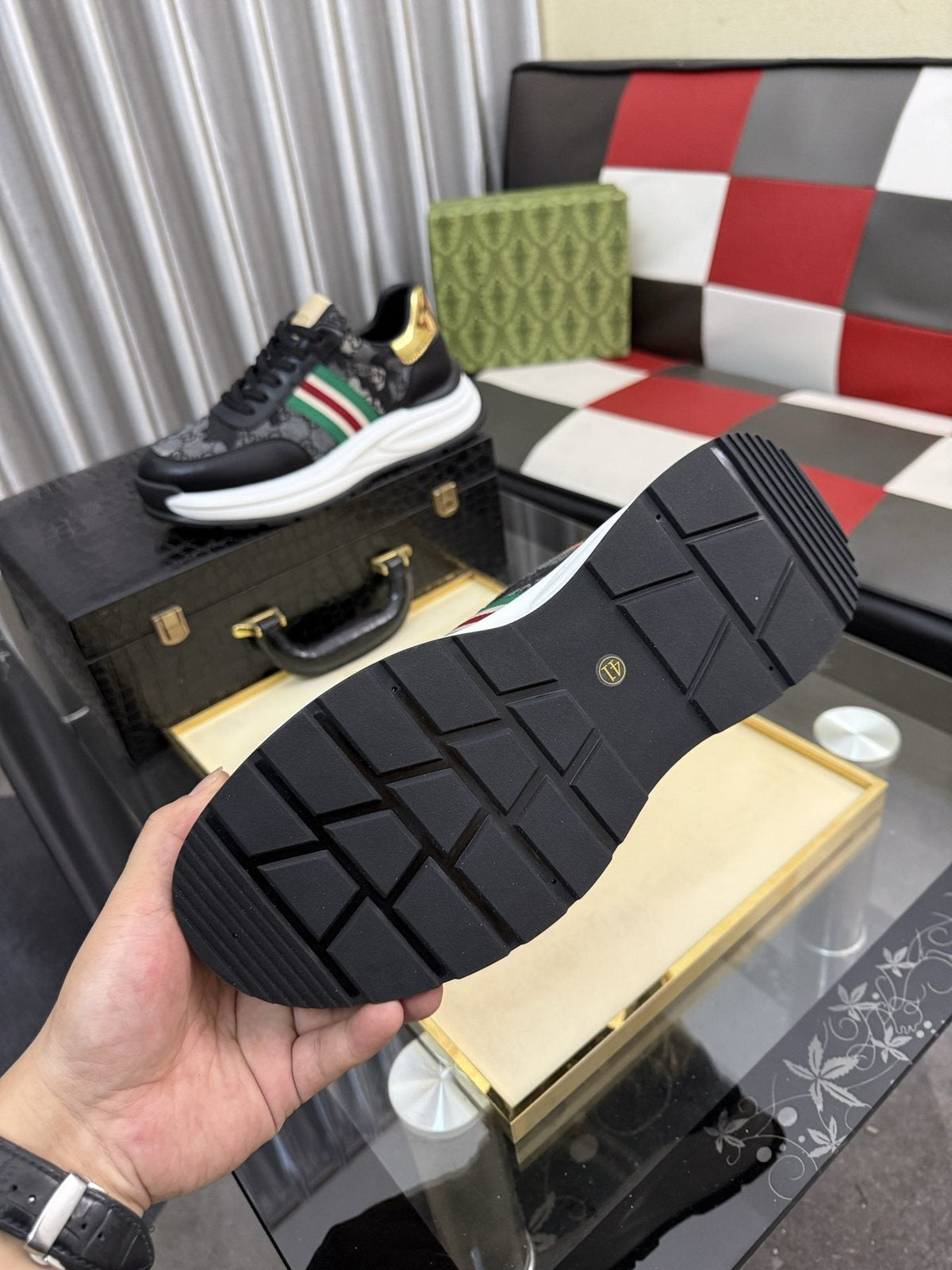 Gucci Monogram Stripe Low-Top Sneakers — detail